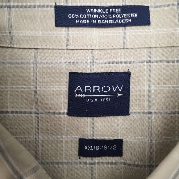 NWT Arrow Men's Size XXL Tan, White, & Grey Plaid Wrinkle Free Shirt - Picture 3 of 11